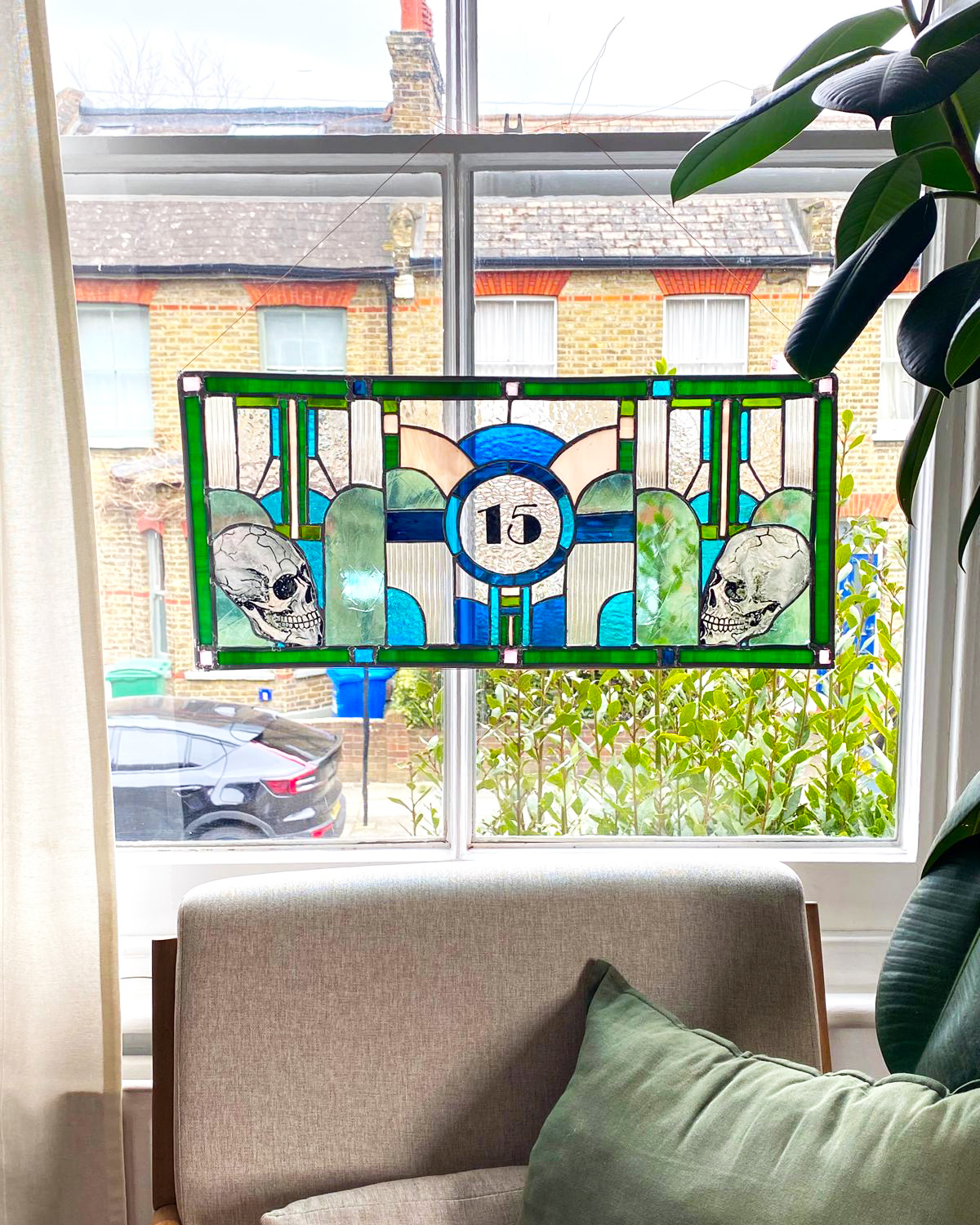 Skulls in Your Home stained glass panel